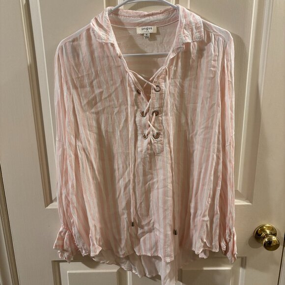 Umgee Women's Boho Pink/White Striped Thin Long Sleeve Top ~ Medium - Picture 1 of 6